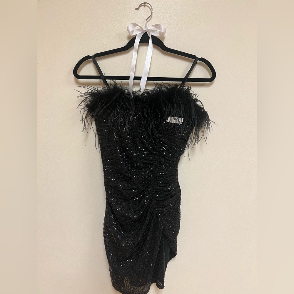Black mini dress with feather trim.
WORN ONCE! Size: 1